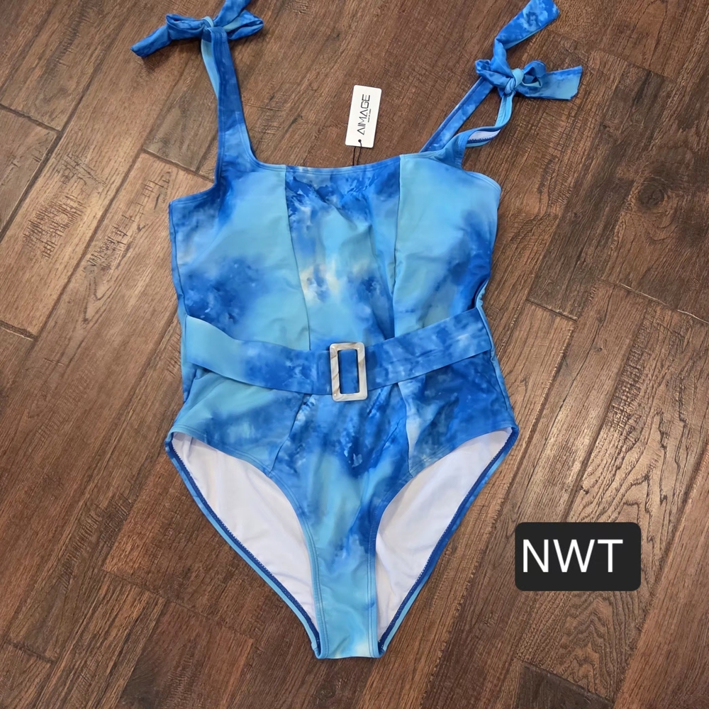 Aimage Swimsuit NWT Womens Size L Blue And Aqua One Piece Adjustable Straps